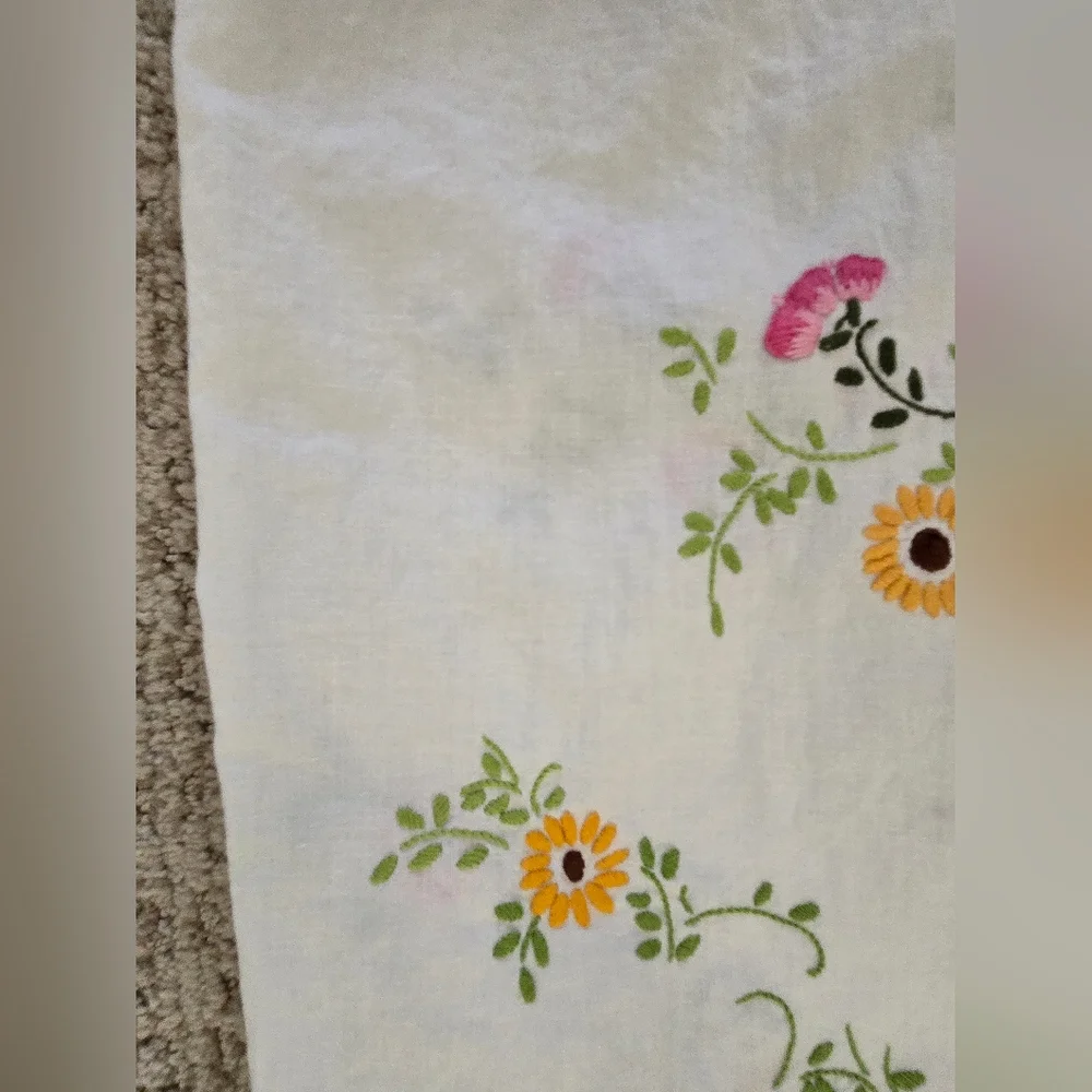 Embroidered Floral Linen Panel - Pink & Yellow Blossoms